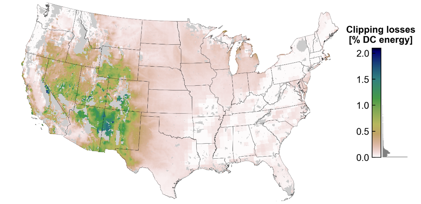 Map of Energy lost to clipping for a PV system with an ILR of 1.3 in CONUS