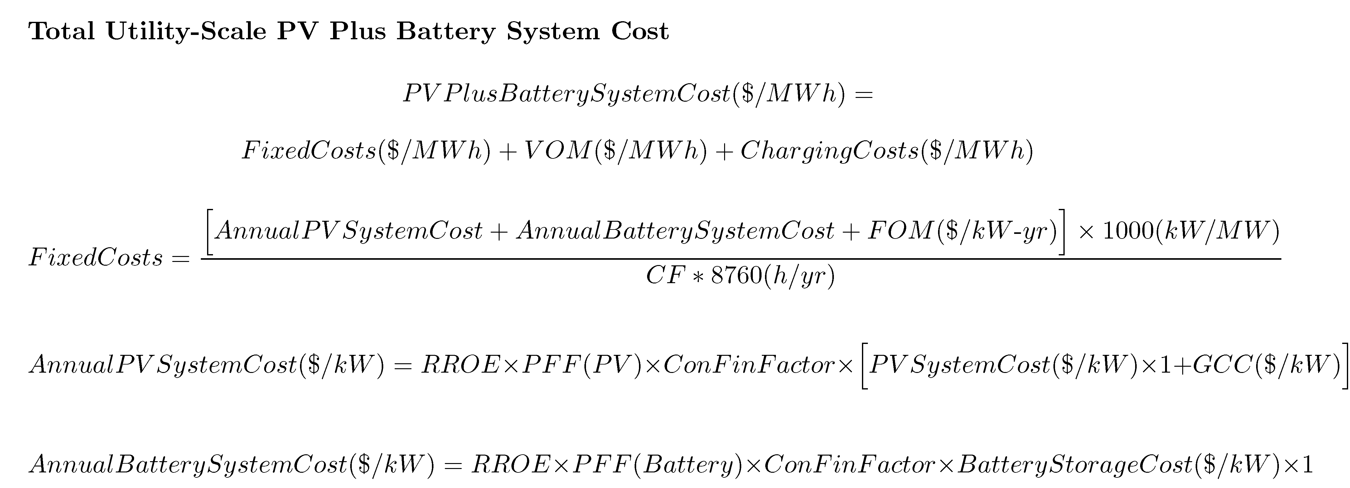 Total utility-scale PV plus battery system cost equations